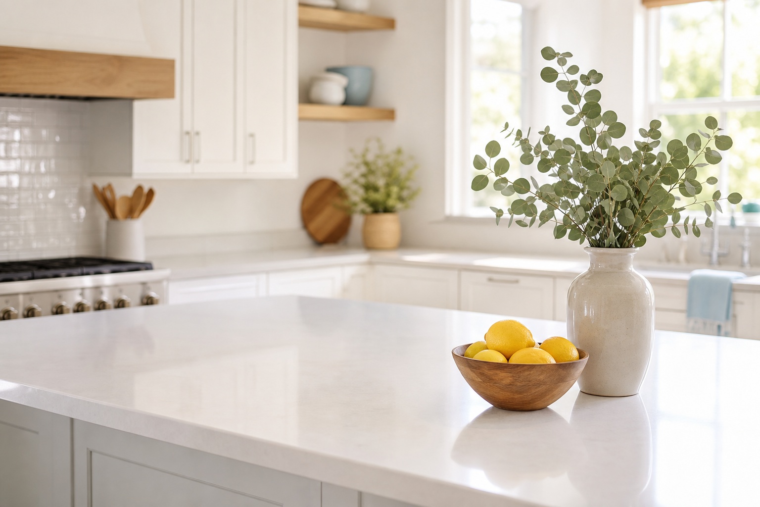A spotless, bright kitchen with clear countertops and fresh eucalyptus