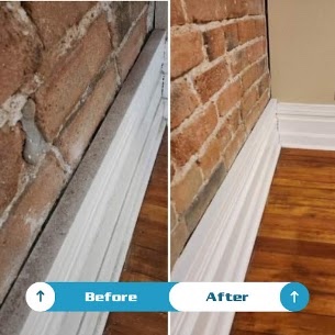 Before and after: dusty baseboards and trim on the left, wiped clean beside a polished wood floor on the right
