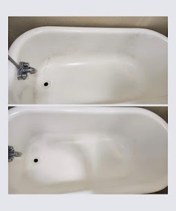 Before and after: a clawfoot tub with soap scum above and a spotless finish below