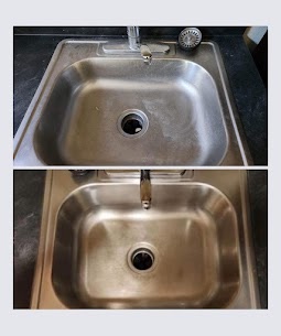 Before and after: a stainless-steel kitchen sink, water-spotted above and polished to a shine below