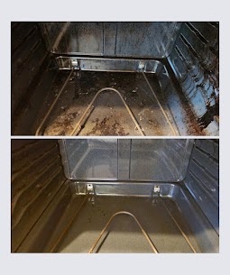Before and after: an oven interior with baked-on grime above and a clean, bright interior below