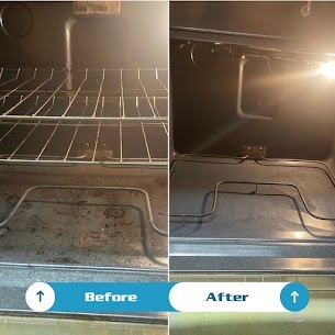Before and after: oven racks and interior covered in residue on the left, gleaming on the right