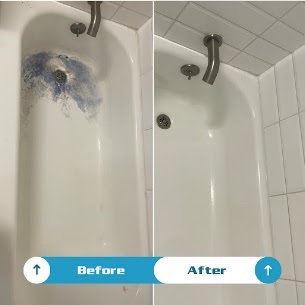 Before and after: a bathtub with a heavy blue stain on the left, fully restored to white on the right