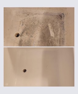 Before and after: a tub surface coated in built-up grime above and restored to smooth white below