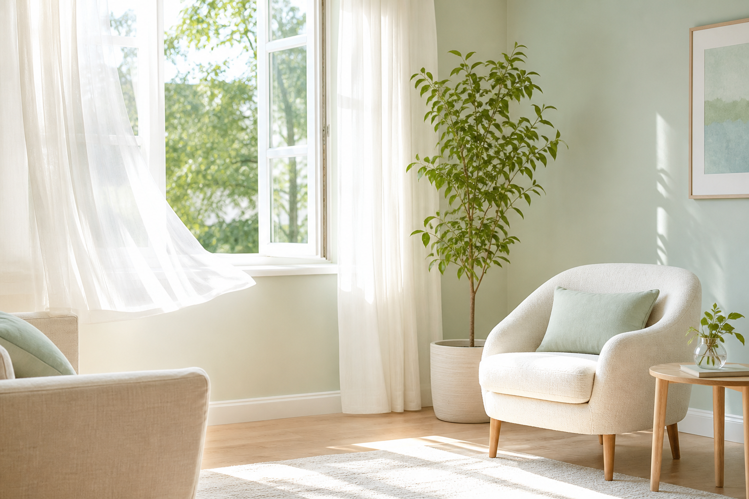 A breezy, sunlit living room with sheer curtains drifting at an open window after a Snow Maids cleaning