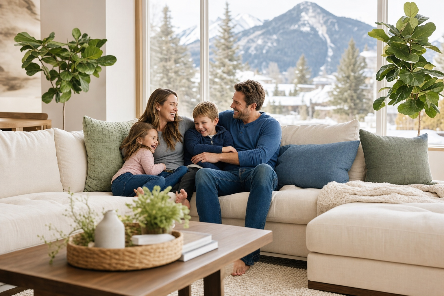 A family relaxing and laughing together on the sofa in a bright, freshly cleaned living room with a Colorado mountain view