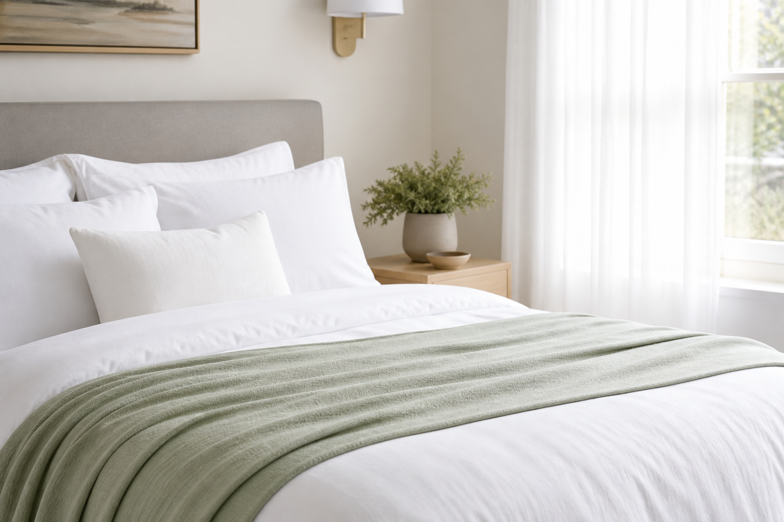 A serene bedroom with crisp white linens and a folded sage throw in soft morning light